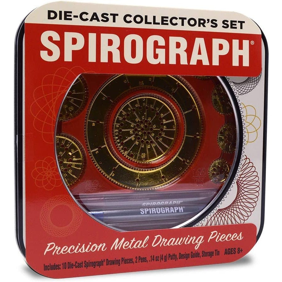A Spirograph collectors set in original packaging. The text reads, 'Die-cast collectors set. Spirograph. Precision metal drawing pieces.'