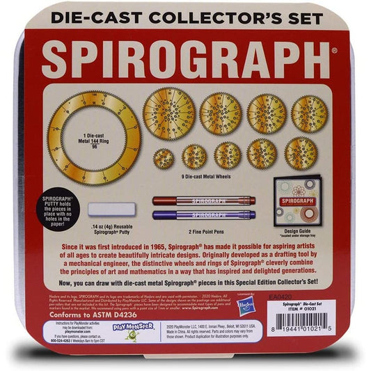 The back of the box for the Spirograph collectors set. The back shows all the contents inside the box and other useful information about the set.