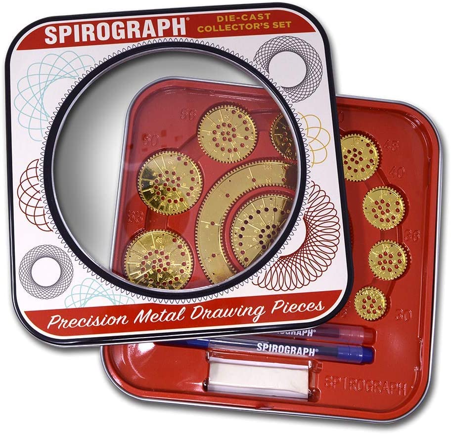 A lid has been slightly moved to reveal the contents of a Spirograph collectors set inside the packaging.
