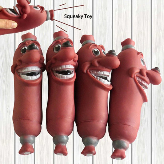Four dog toys that look like sausages and each one has a face on it. There is text which says squeaky toy.