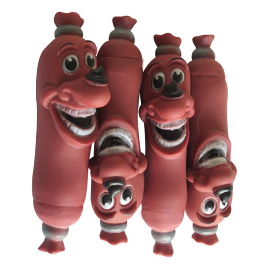 Four dog toys which look like brown sausages and have comical faces on them, two of the sausages are upside down.
