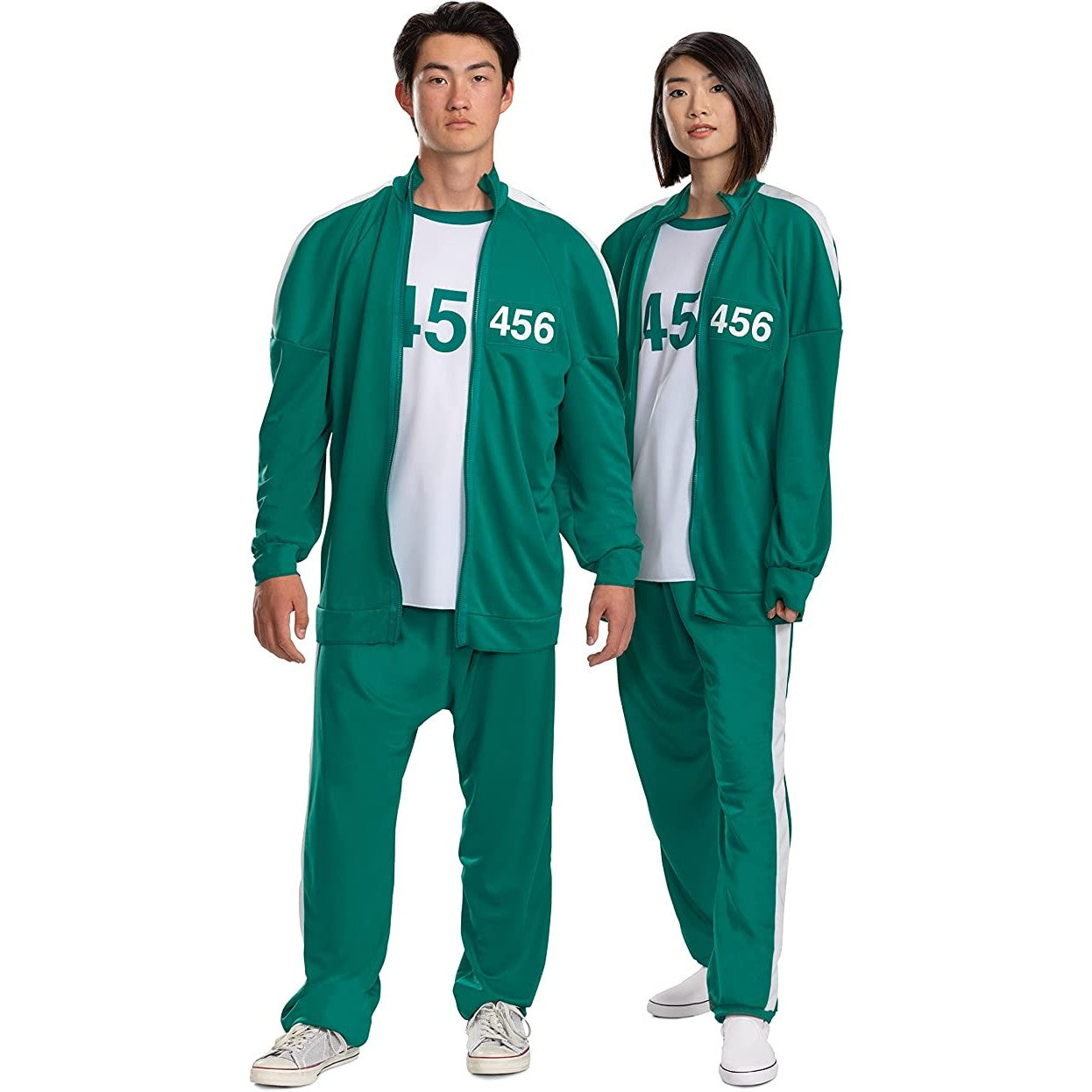 A man and woman wearing green Squid Game Player 456 adult track suits