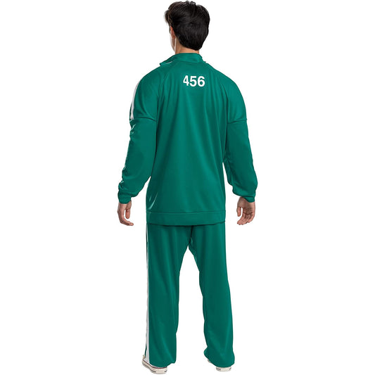 A back of a man wearing a green Squid Game Player 456 adult track suits