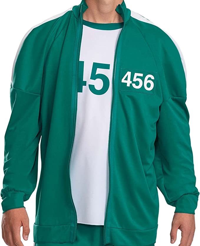 A person from the waist up wearing a green and white Squid Game Player 456 adult track suit jacket and white tshirt.