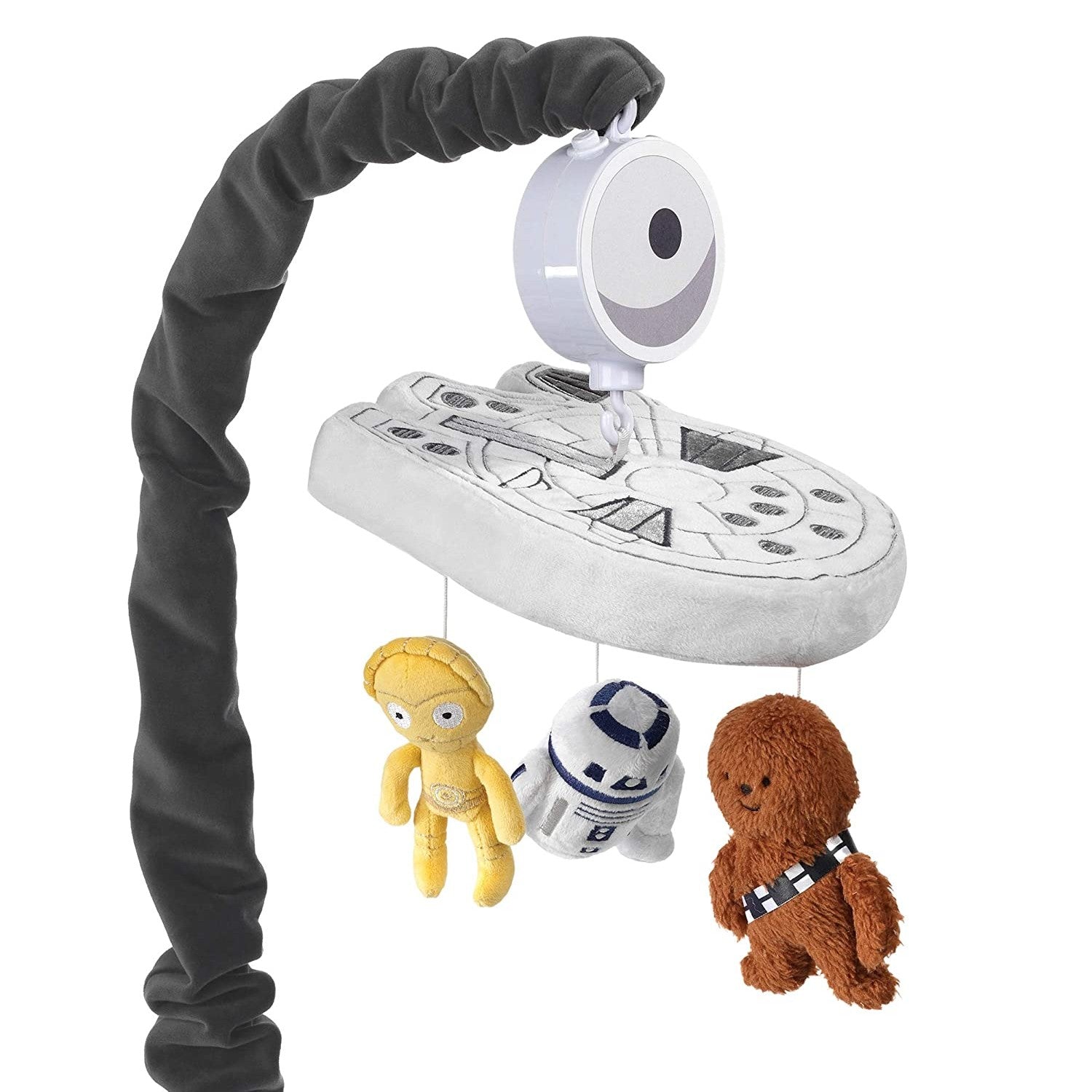 A Star Wars baby crib mobile featuring a spaceship, C3PO, RS-D2 and Chewbacca.