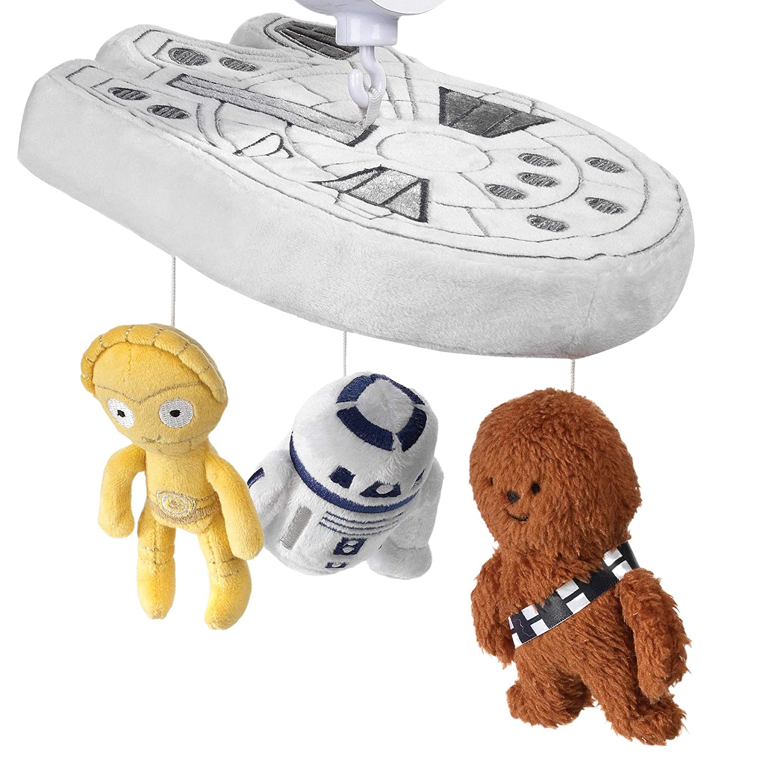 A baby crib which features the Millennium Falcon with C3PO, R2-D2 and Chewbacca hanging off the ship.