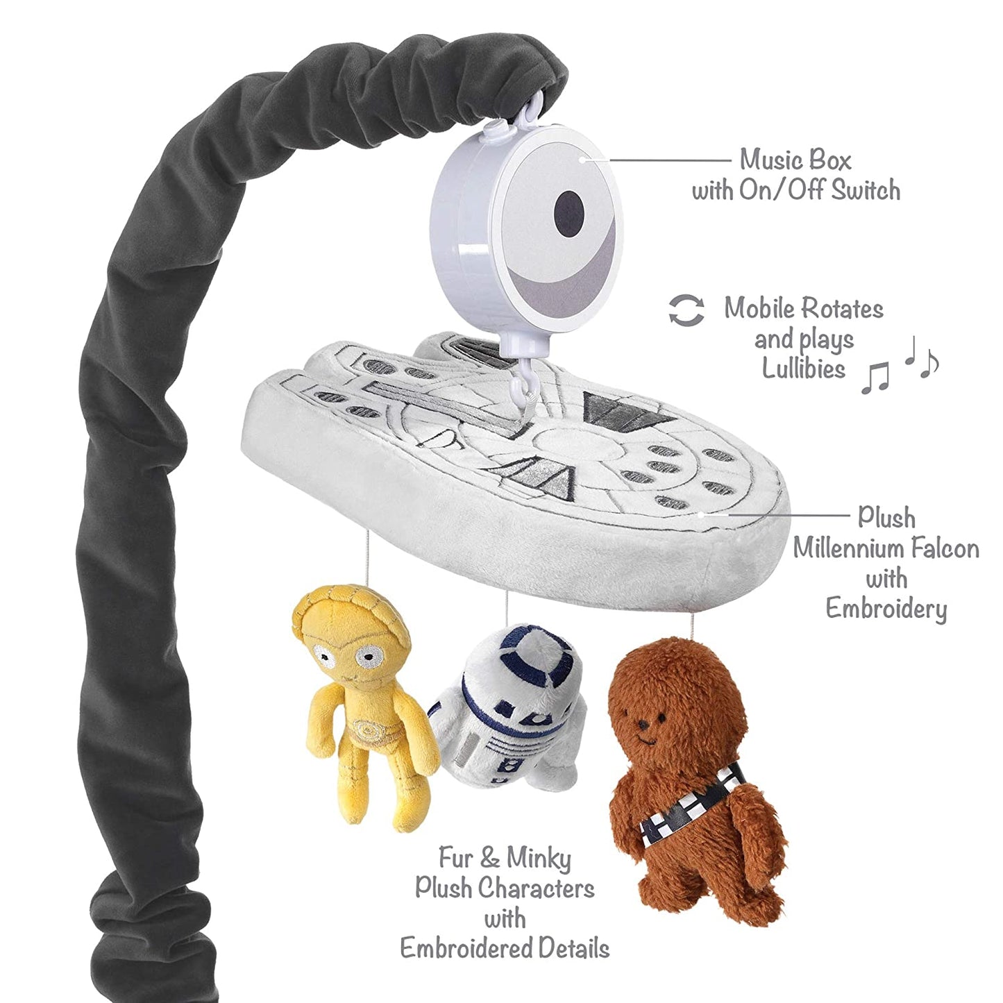 A Star Wars themes baby crib mobile featuring the Millennium Falcon, C3PO, R2D2 and Chewbacca. The features of the mobile are listed, the text reads, 'Music box with on/off Switch. Mobile rotates and plays lullabies, plush Millennium Falcon with embroidery, fur and mink plush characters with embroidered details."