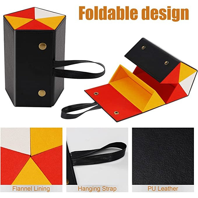 A collage of 4 images featuring a sunglasses travel case highlighting different various features of the case. The text reads, 'Foldable design.'