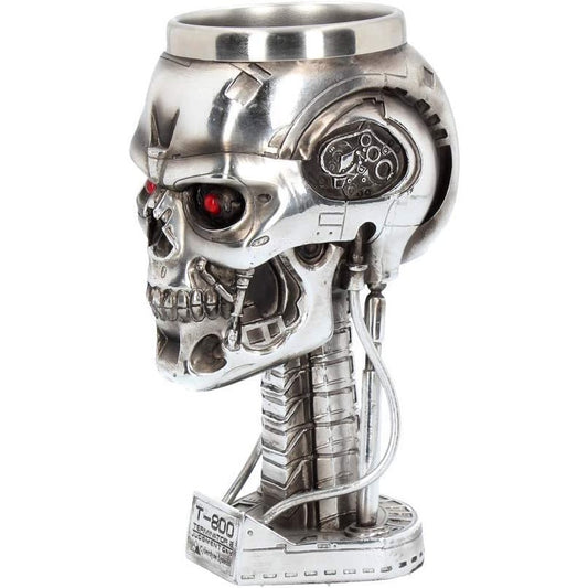 A Terminator movie goblet with piercing red eyes.