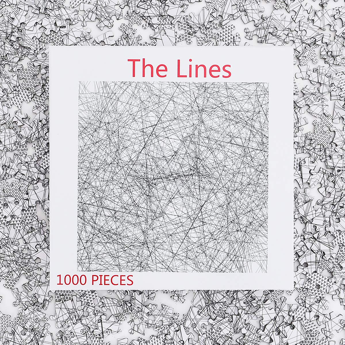 Individual pieces from a 1000 piece jigsaw puzzle made up of hundreds of straight black lines criss crossed over each other.