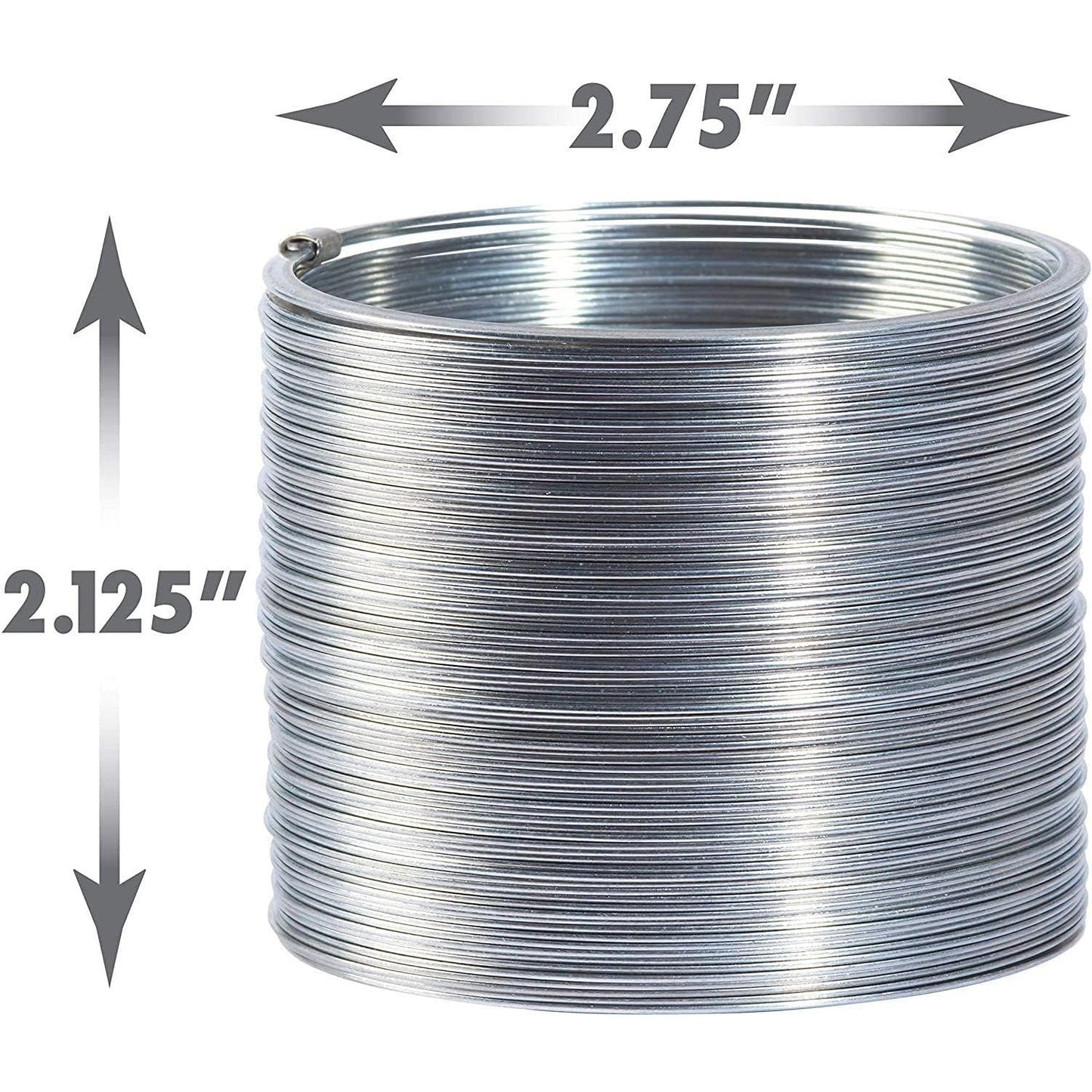 Size measurements for the original Slinky walking toy, 2.75 inches in width, 2.125 inches in height when not extended.