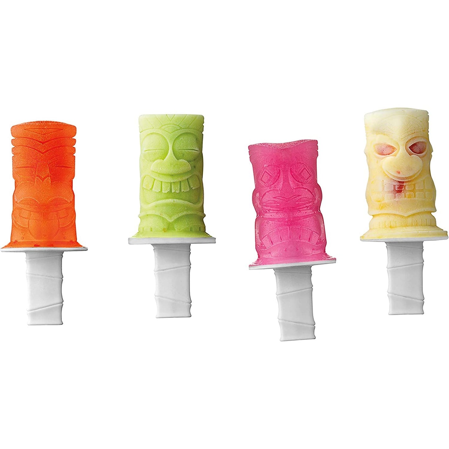 Four various colored Tiki ice pops on sticks.