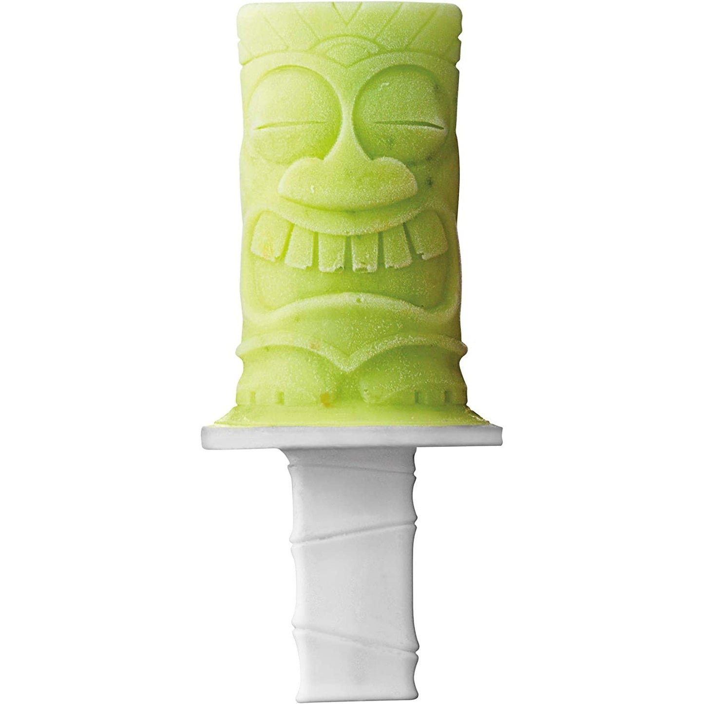A green colored Tiki ice pop on a stick.