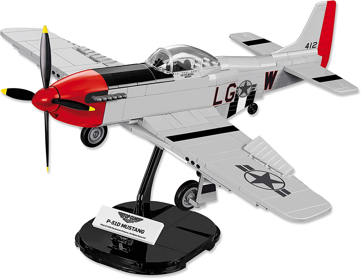 A full assembled Top Gun Mustang P-51D aircraft built from a kit. The aircraft is on a display stand with a Top Gun plaque.