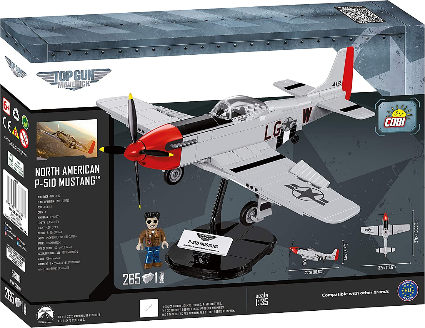 The back of the box for a Top Gun Mustang P-51D construction set.