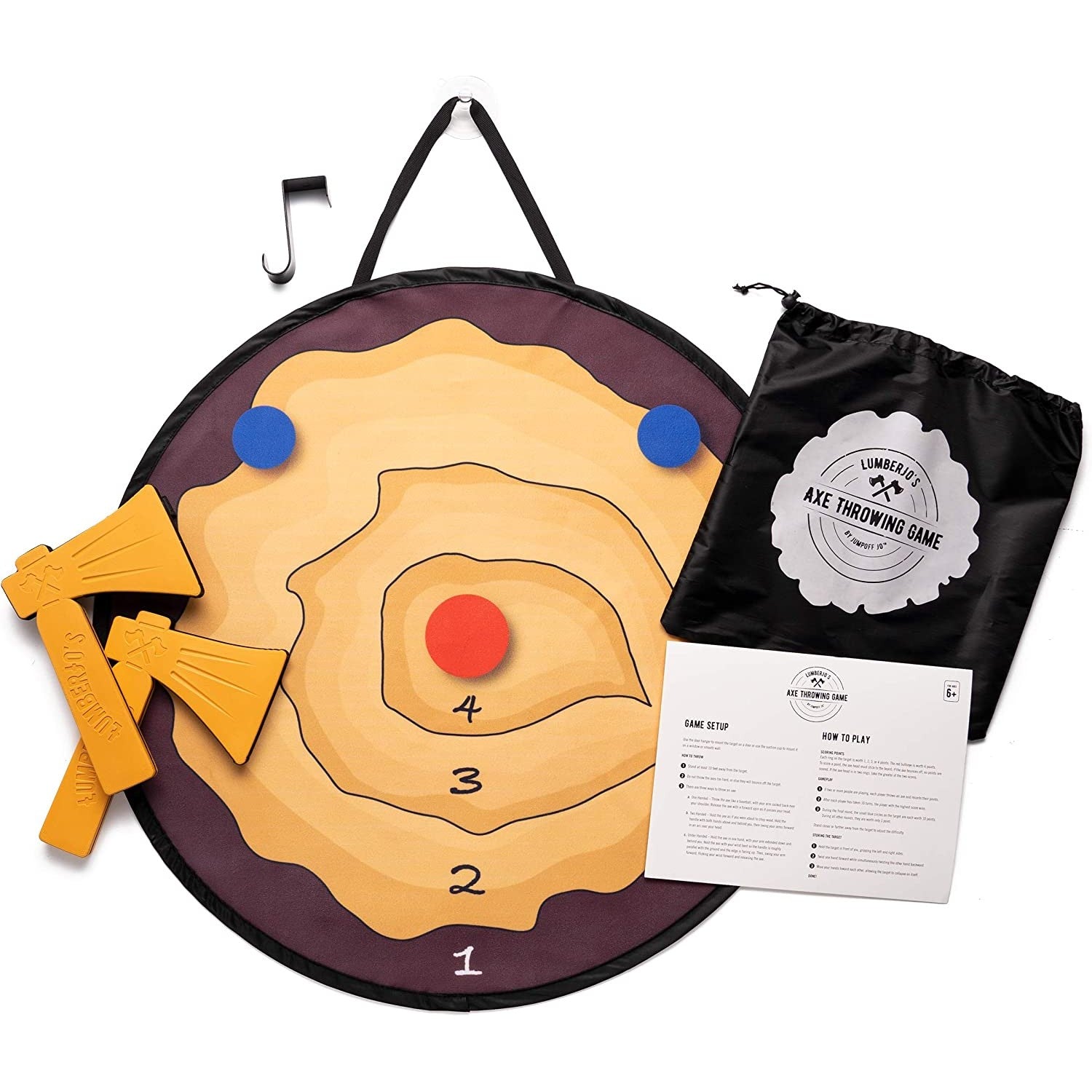 A toy axe throwing game which includes a bullseye board, axes, hook, carry bag and an instruction manual.