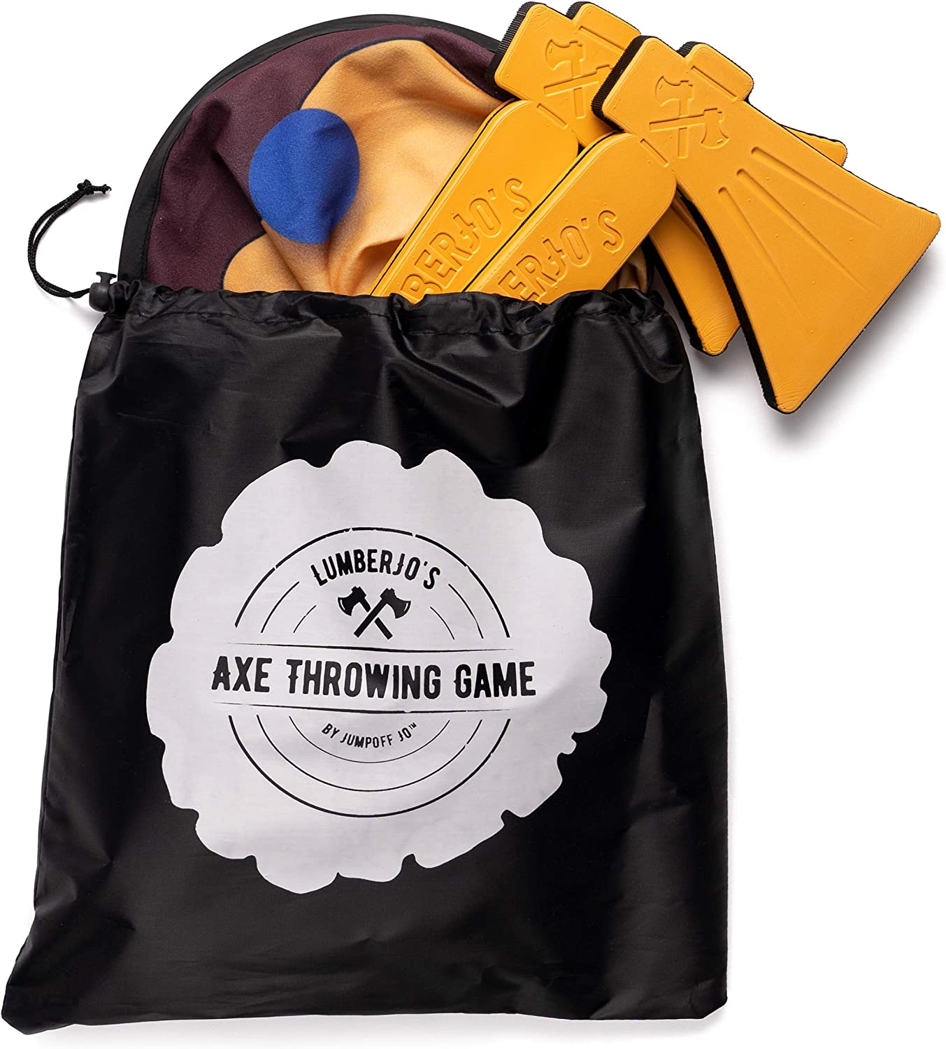 An axe throwing game packed up in a black bag. On the bag there is text which reads, "Axe throwing game".