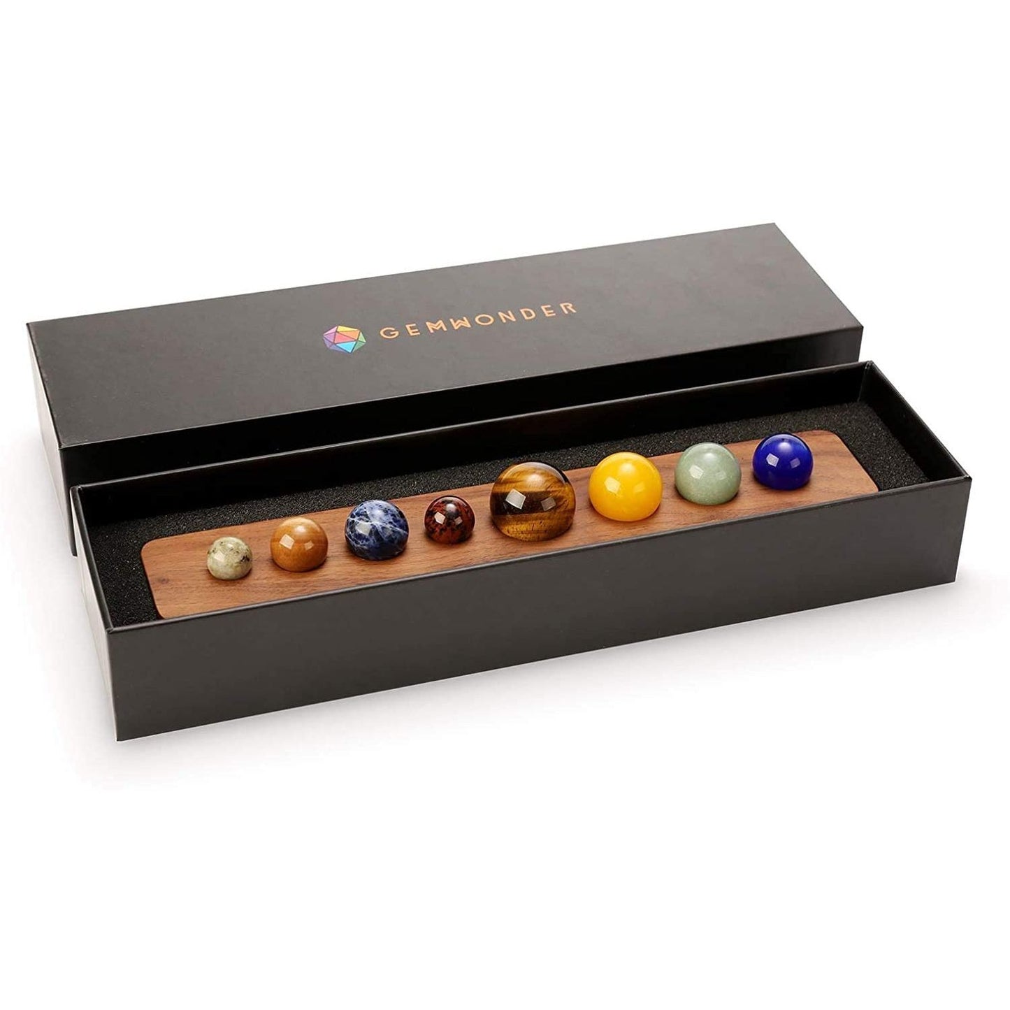 8 round gemstones each one representing the 8 planets in the universe displayed in a walnut case and a black gift box
