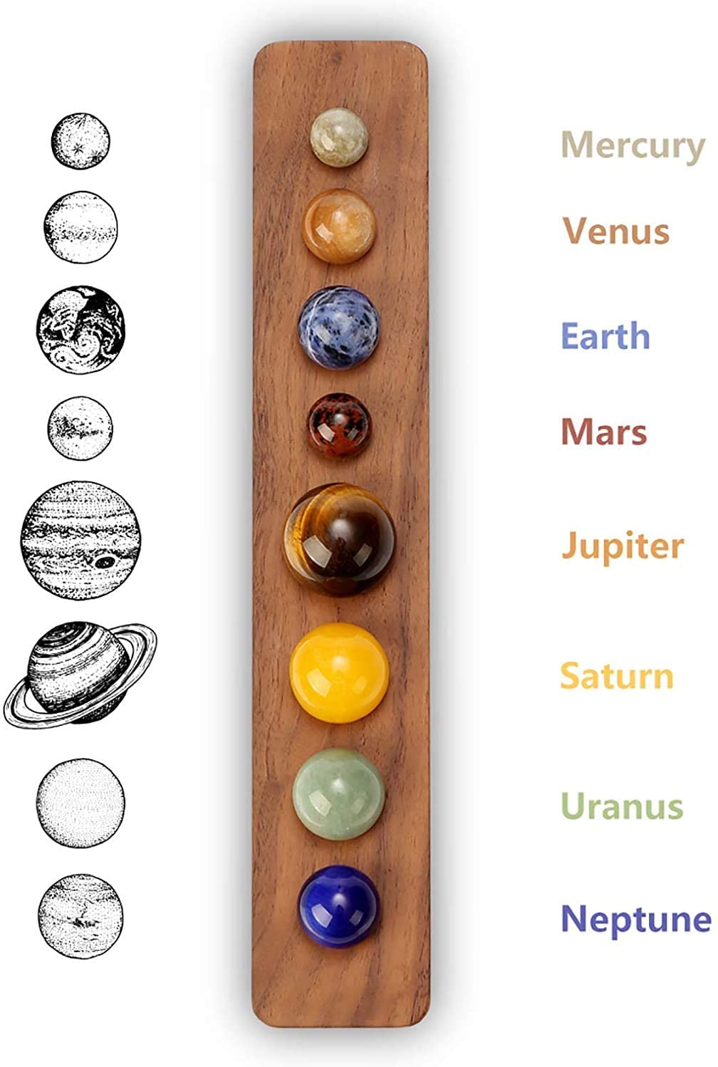 8 round gemstones each one representing the 8 planets in the universe nestled in a walnut case