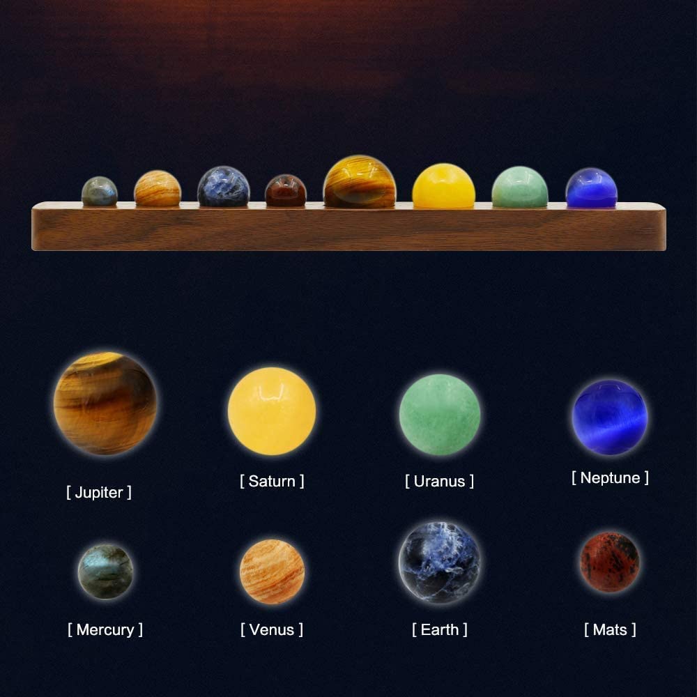 8 round gemstones each one representing the 8 planets in the universe sitting in a walnut case. Also shows the 8 planets in our universe