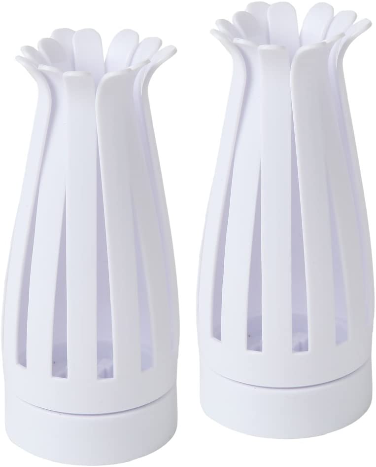 Two white upside-down condiment bottle sauce holders.