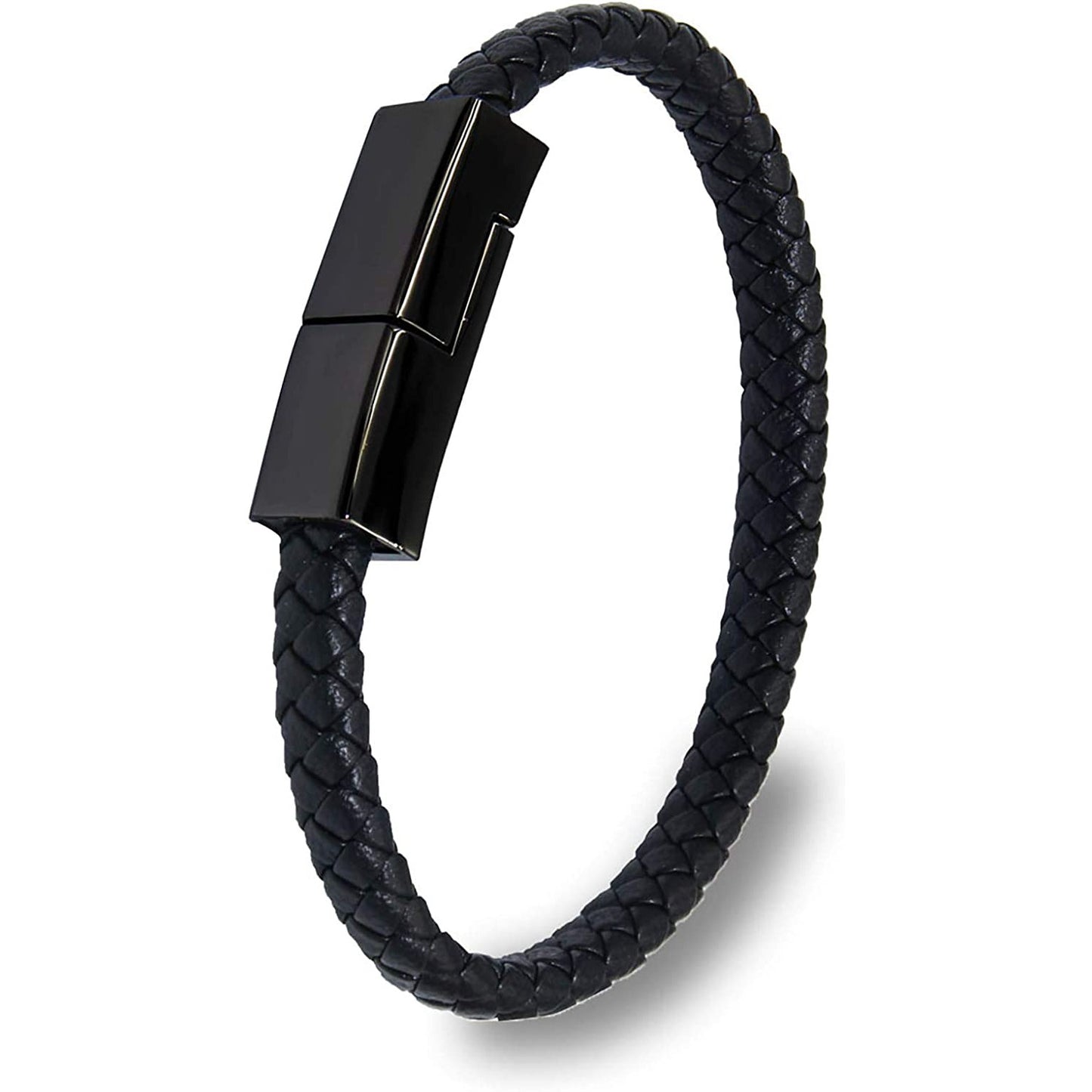 An ordinary looking black weaved bracelet which doubles as a USB charger for a cell phone.
