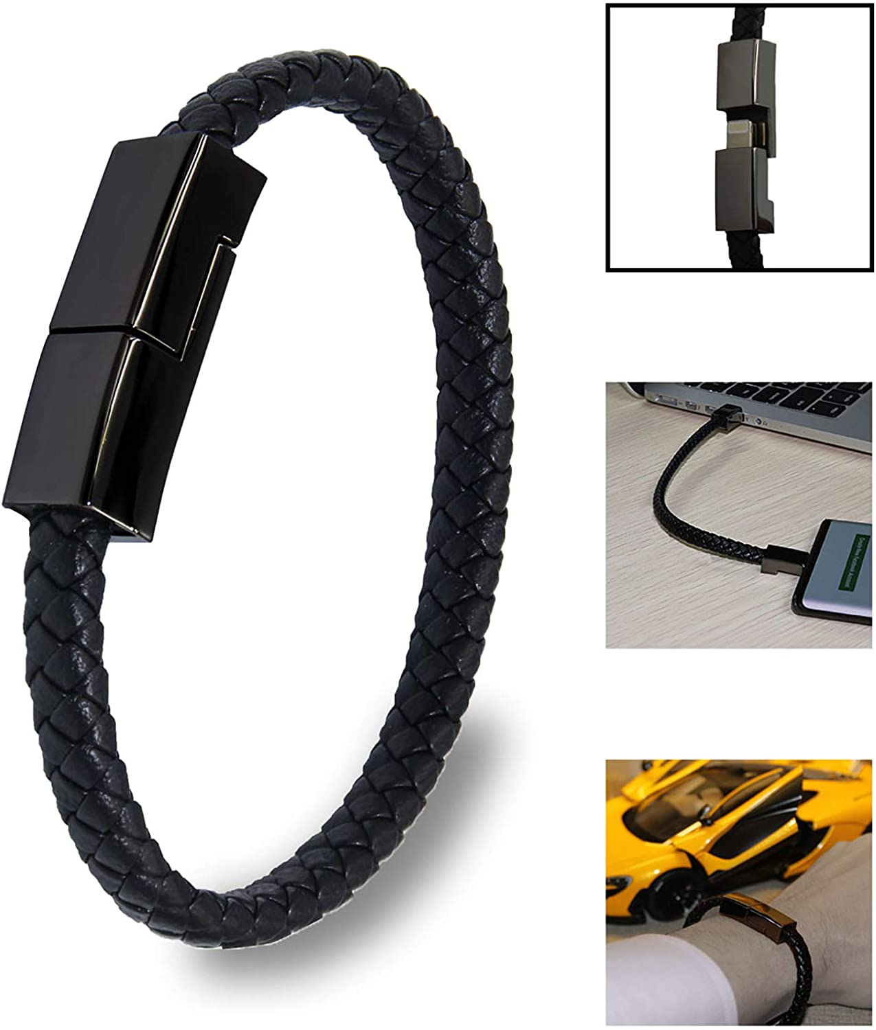 A collage of 4 photos. The main image is of a USB cell phone charging bracelet. The remaining 3 images are showing the bracelet being used in various situations.