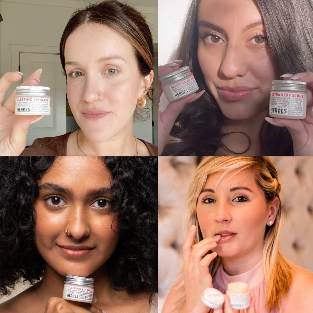 Four women using a jar of a vegan hydrating overnight lip mask.