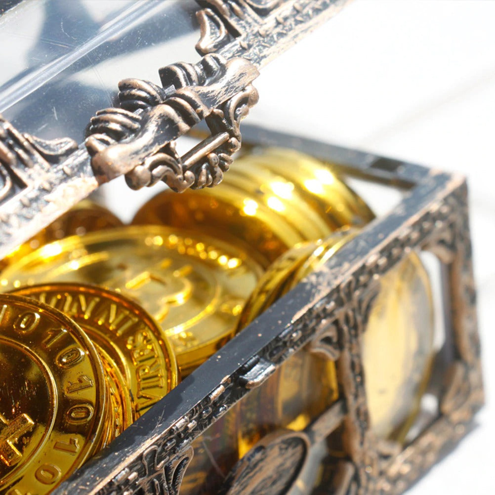 A close-up view of a vintage pirates treasure chest with some gold coins inside.