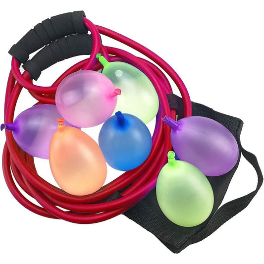 A water balloon launcher showing various balloons filled with water, plus a rubber launcher and a carry bag.