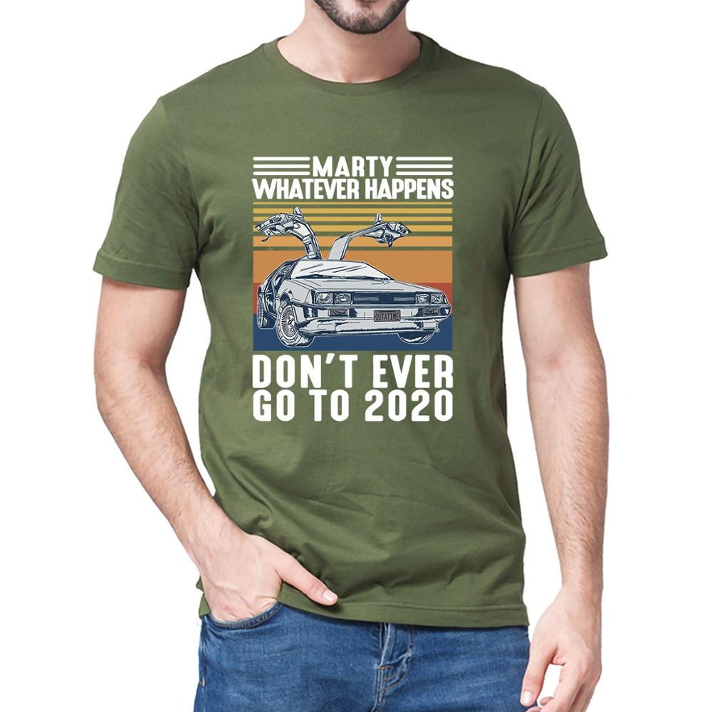 A male wearing a green Back To The Future t-shirt which says, Marty Whatever Happens Don't Ever Go To 2020