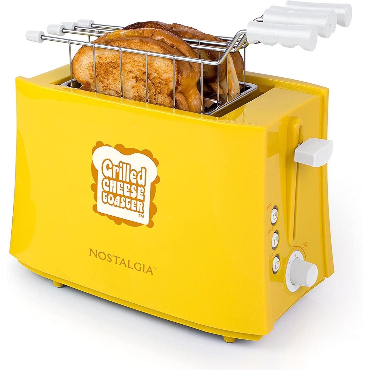 A grilled cheese sandwich toaster with 2 grilled cheese sandwiches toasted and cooked