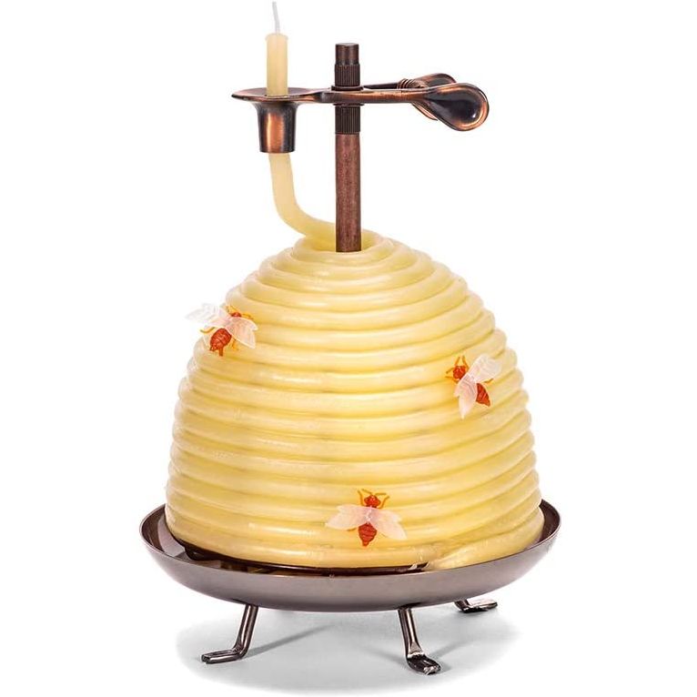 All natural beehive shaped beeswax 70 hour candle on a copper tone stand