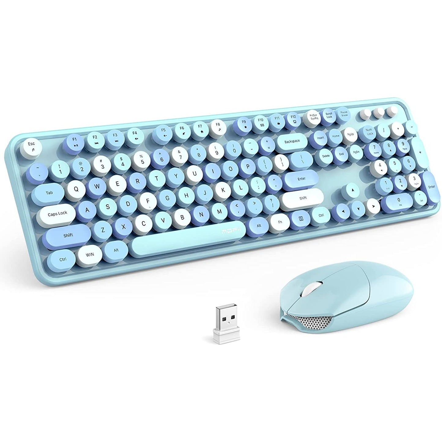 A blue and white colored retro style wireless keyboard and mouse.