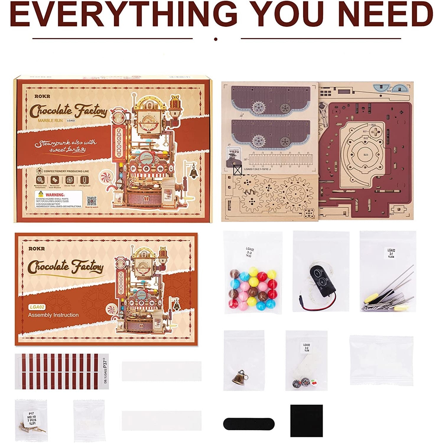 All the pieces that are included with the wooden chocolate factory puzzle. The text says, 'Everything you need.'