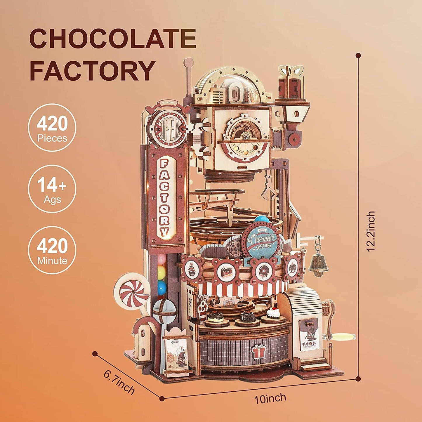Size measurements for the chocolate factory wooden puzzle. It measures, 10 inches in width, 6.7 inches in depth and 12.2 inches in height.
