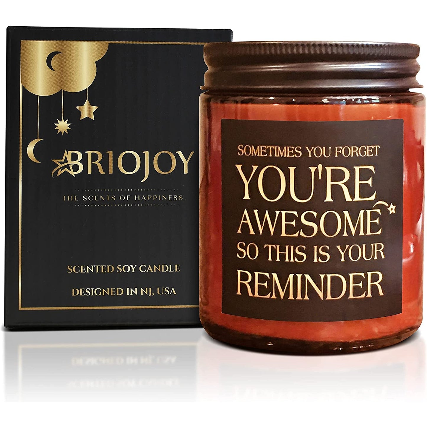 A candle which has a quote printed on it which says, Sometimes You Forget You’re Awesome So This Is Your Reminder.”
